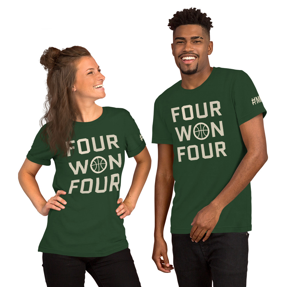 two people wearing green shirts with cream lettering saying Four Won Four with a basketball