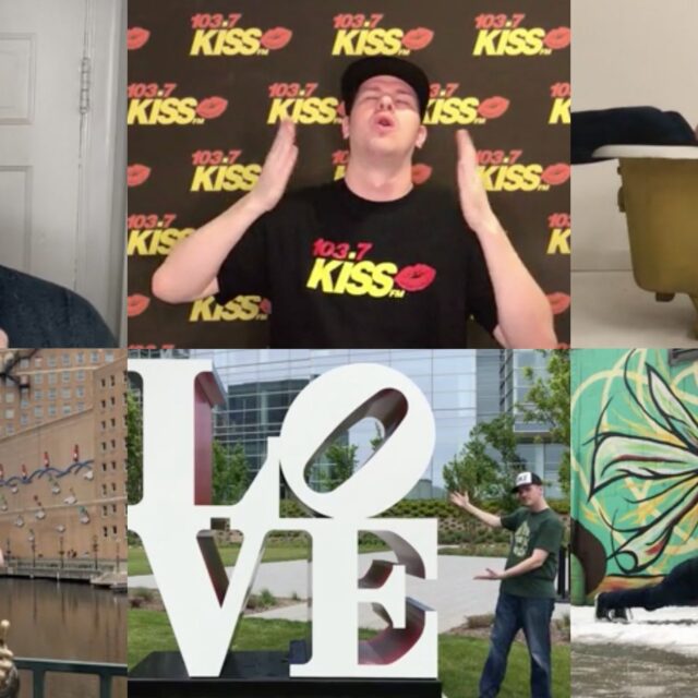 A grid of 6 different images of JMatt. The 6 photos include him posing in a thinking way, fanning himself from the heat, seated up in a prop tub, giving thumbs up with the Bronze Fonz, motioning to a LOVE sculpture, and doing pushups in the snow in front of a mural in Black Cat Alley.