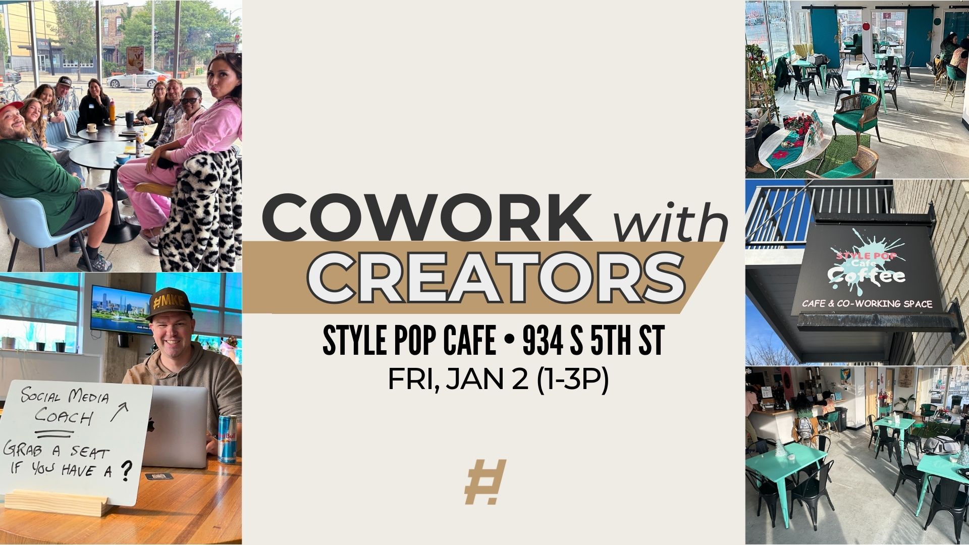 "Cowork with Creators at Style Pop Cafe at 934 South 5th Street on Friday, January 2 from 1:00 to 3:00 p.m."